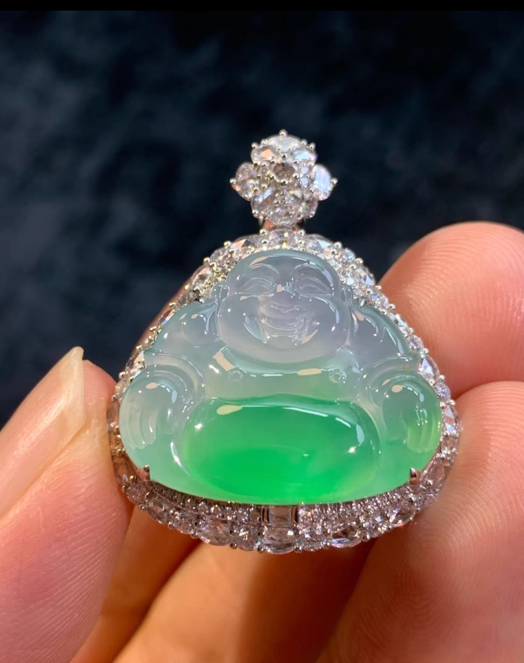 18K金镶天然缅甸翡翠A货佛吊坠弥勒佛公项链