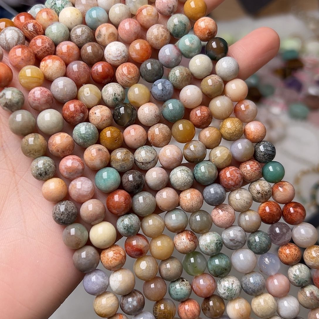 玛瑙/玉髓合金珠宝半成品8.5mm菊花石圆珠一条