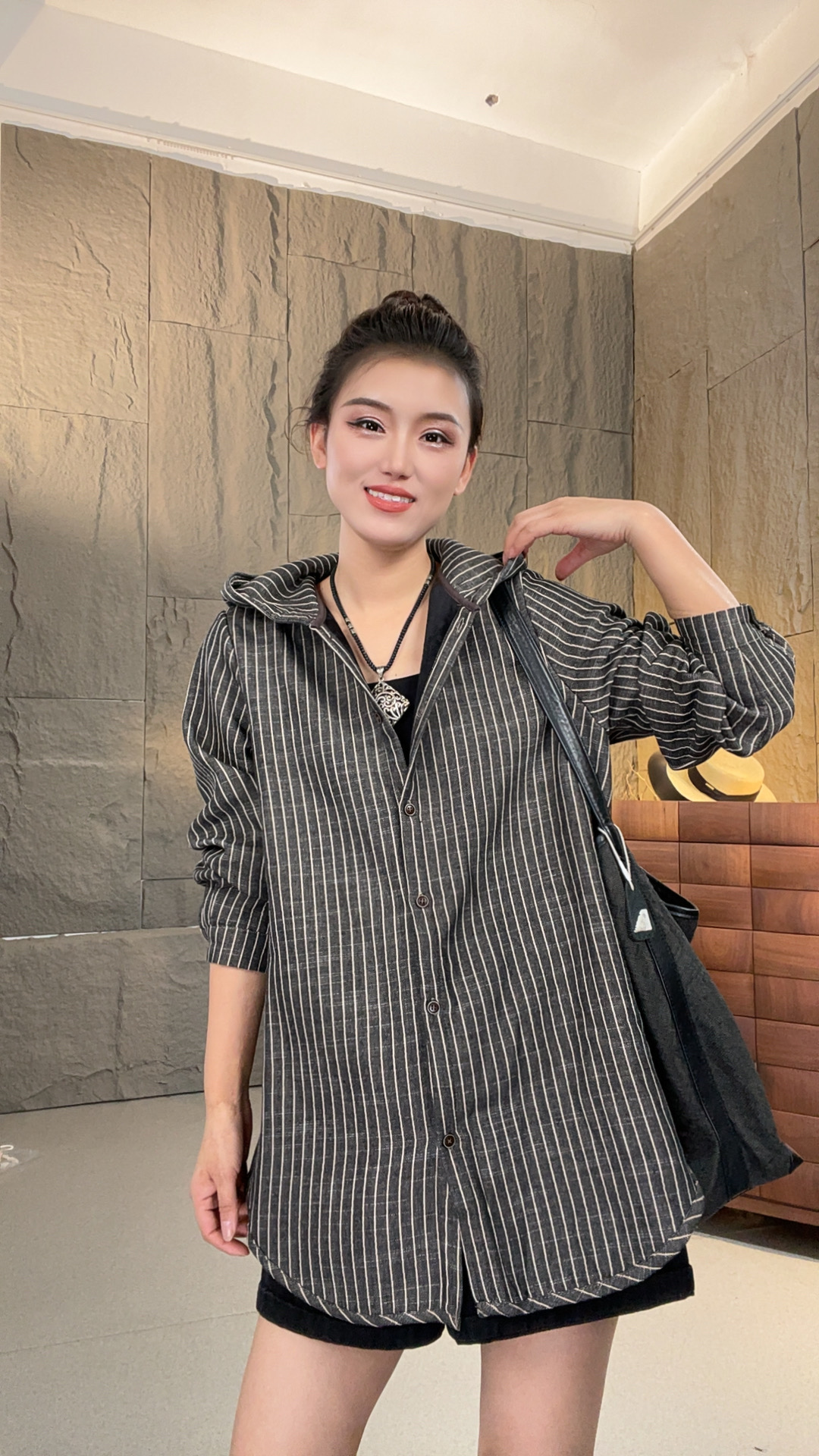 素格【9120】加绒条纹连帽中长款上衣休闲慵懒气质高端上衣