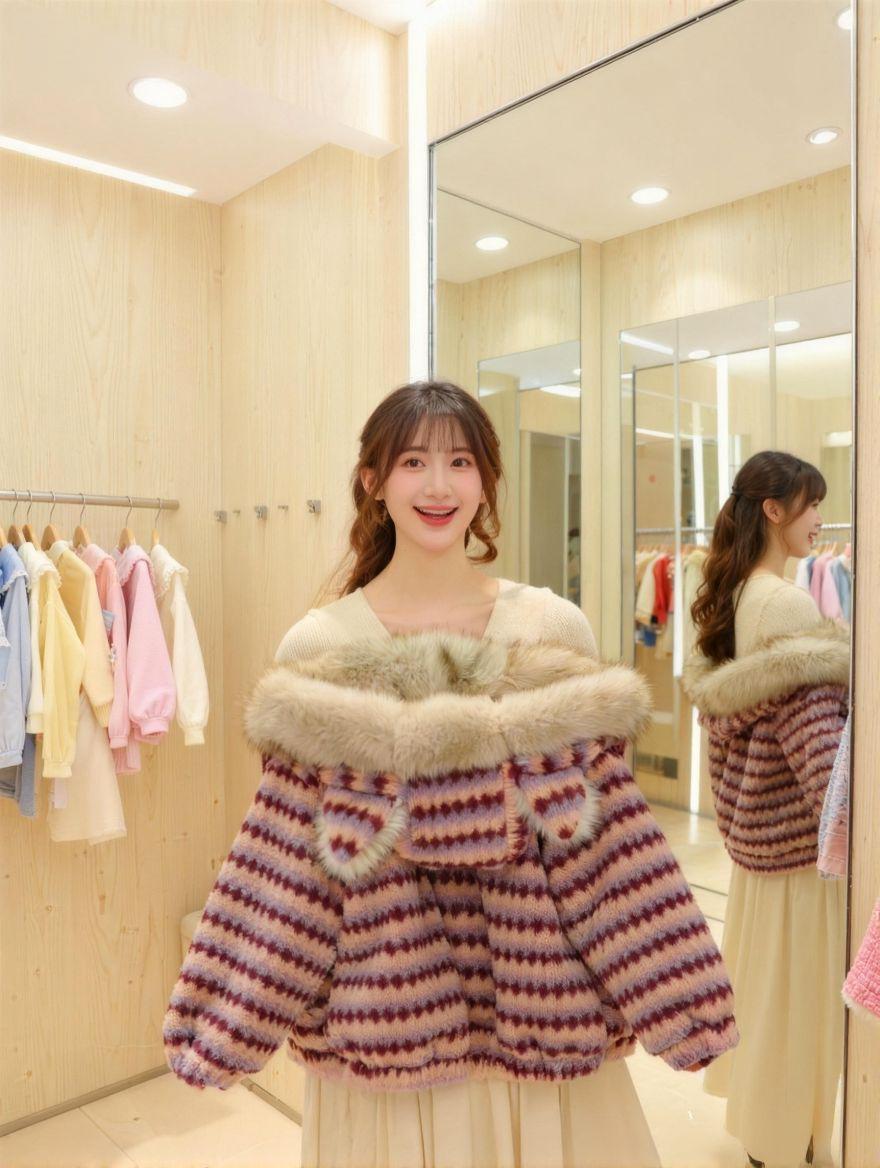 儿童2025秋冬条纹连帽耳朵时尚保暖洋气外套