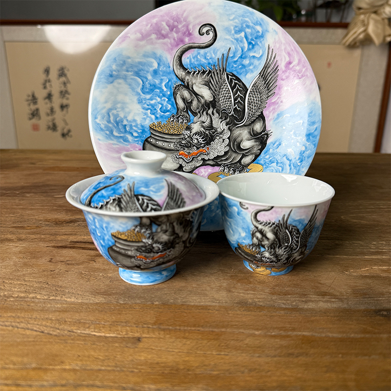 驷九堂驷九堂 墨彩描金貔貅三件套 主人杯 盖碗 壶承手工高档陶瓷