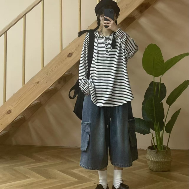 夏季新款休闲百搭宽松连帽条纹长袖帽衫23061