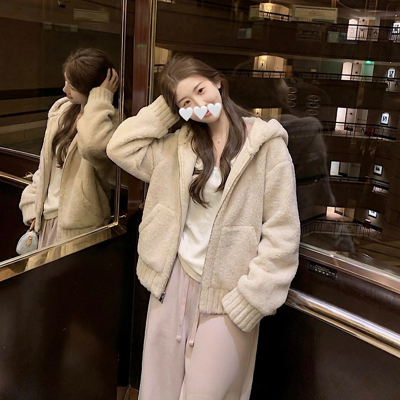 韩系杏色连帽长袖绒外套女冬季保暖宽松慵懒休闲拉链开衫上衣