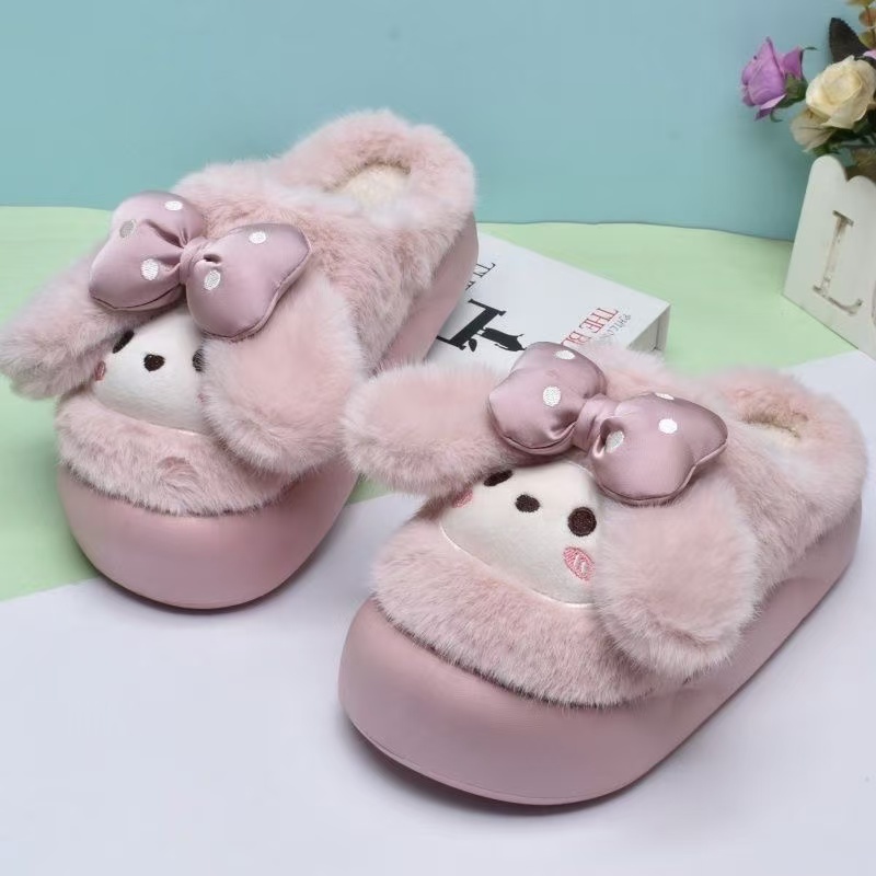 1-100  可爱蝴蝶结毛毛鞋女冬季室内防滑厚底加绒保暖棉拖鞋