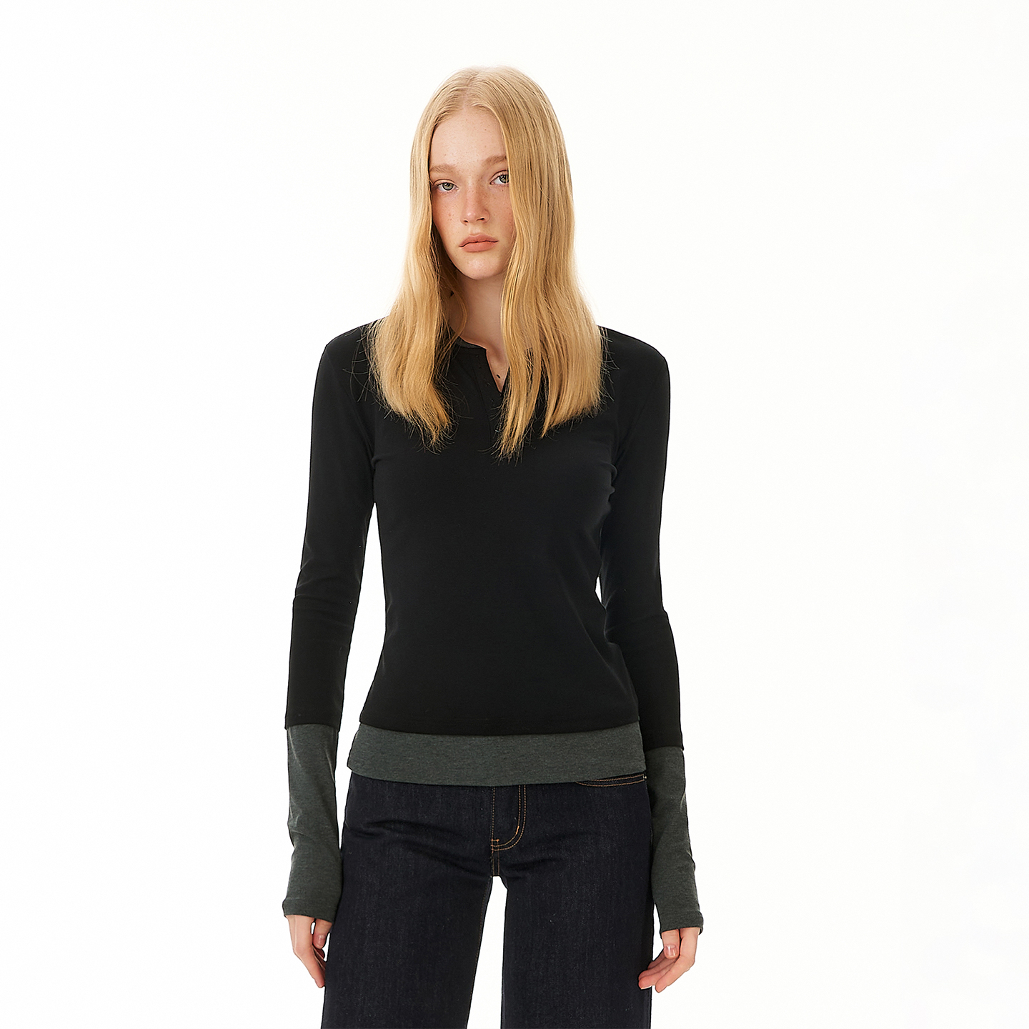 ANNTEET*假两件拼接撞色亨利领长袖修身打底针织衫