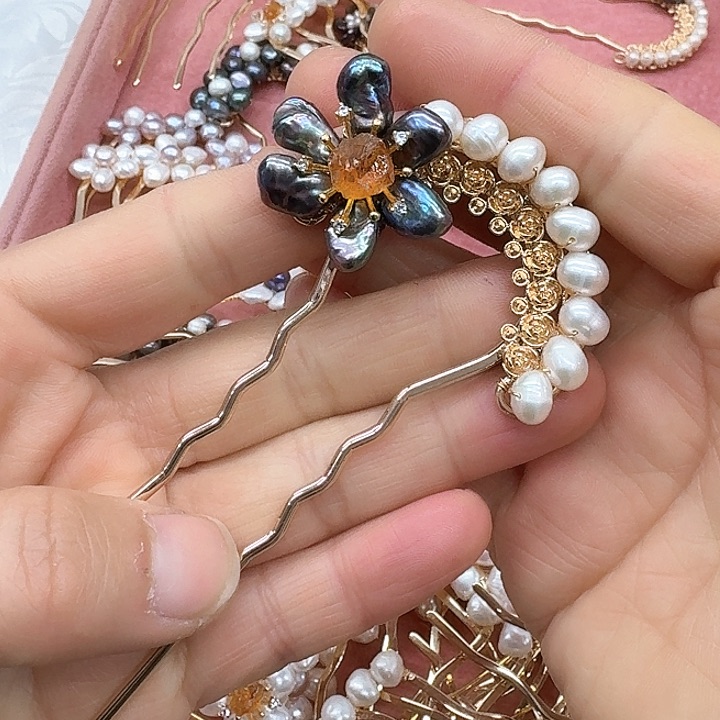 淡水珍珠发饰银S925镶嵌