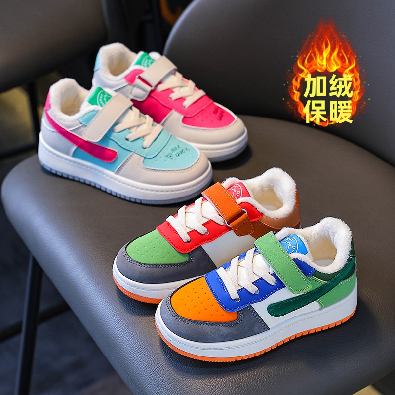 儿童运动鞋鸳鸯色秋冬加绒保暖二棉鞋儿童魔术贴拼色休闲保暖鞋