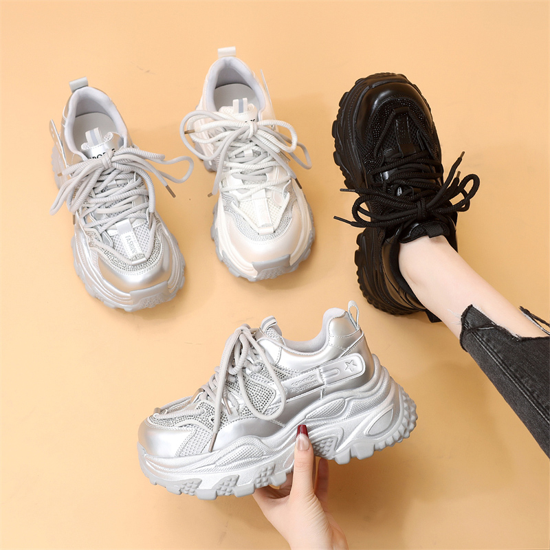 厚底双网老爹鞋女款2025春季新款爆款增高透气百搭白色休闲运动鞋