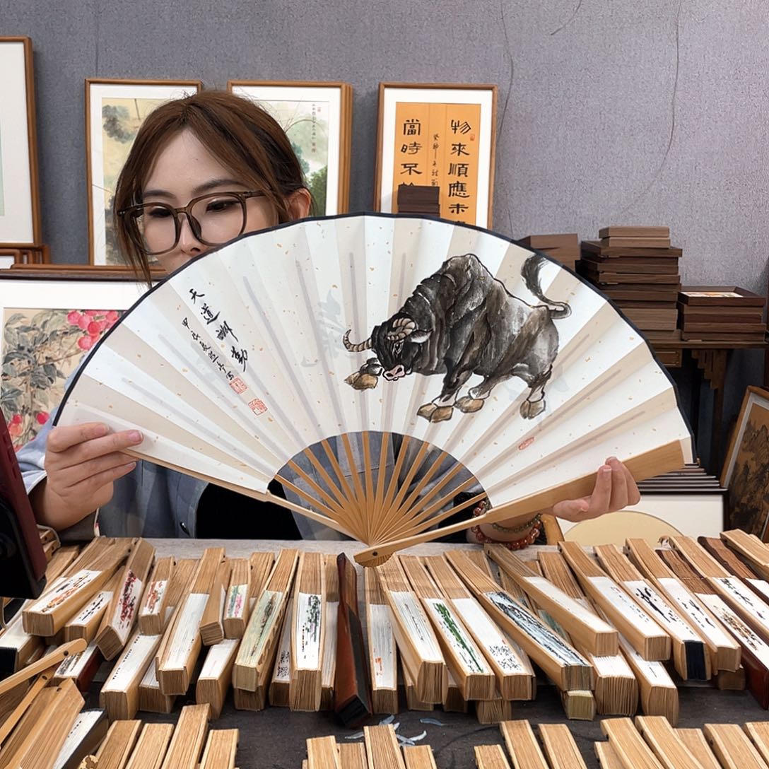 国画10寸玉竹-纯手绘-文玩扇骨（默认粘好）