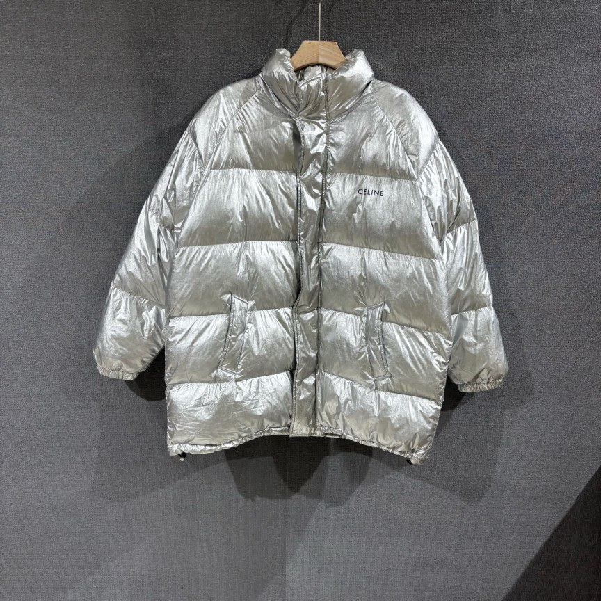 90新 Celine/思琳 （pm）银色亮面棉服外套 90新带吊/6221