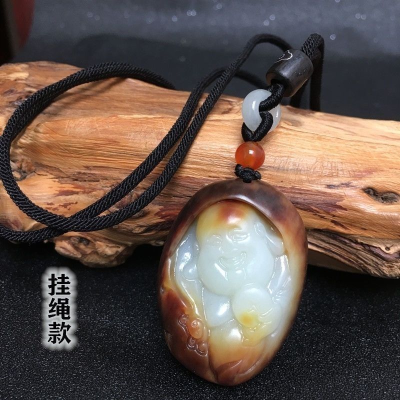 和田玉玉佛吊坠带皮真玉料佛公真品弥勒佛笑佛女款潮男