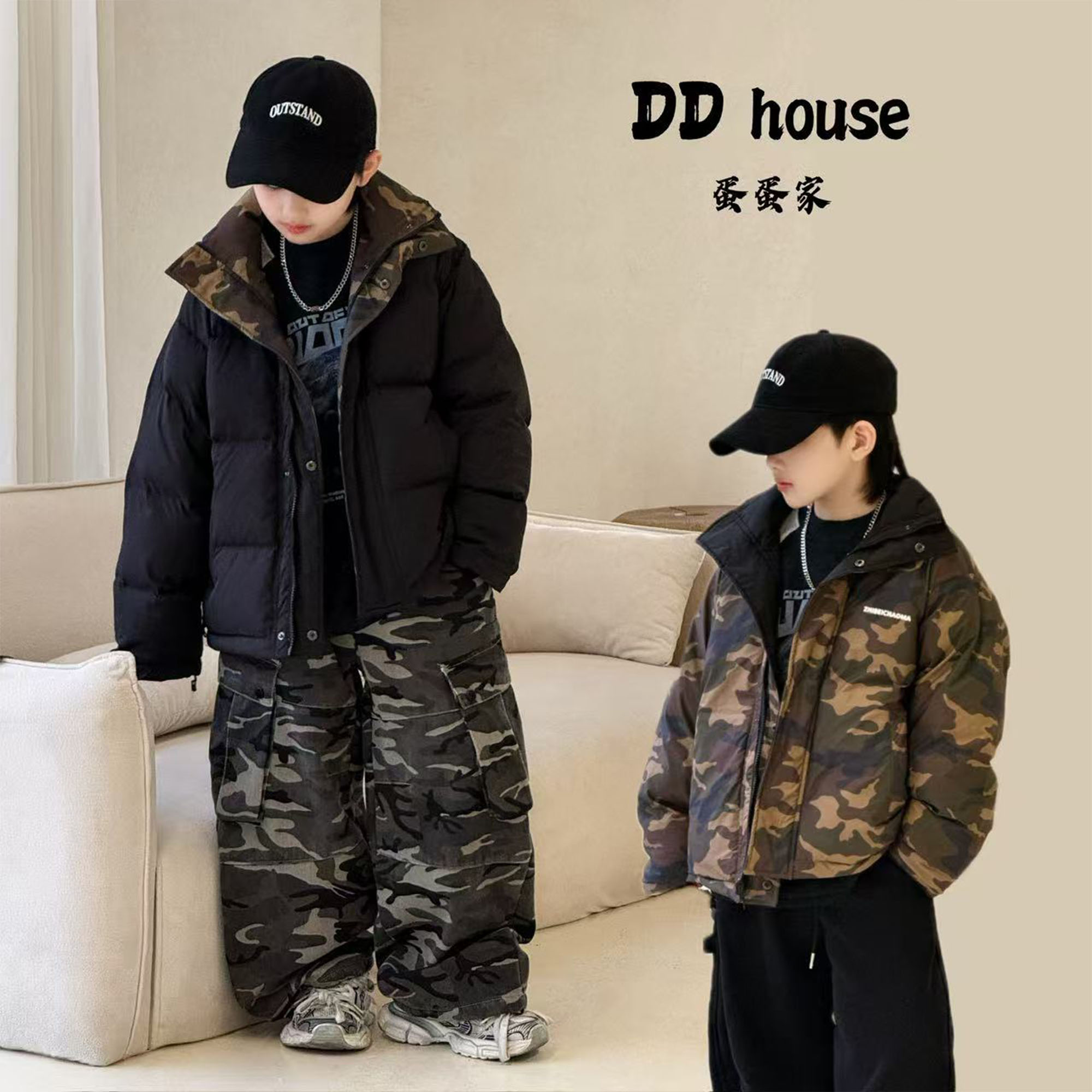蛋蛋家【迷彩外套】25336冬季新款洋气黑色迷彩两面穿棉服外套