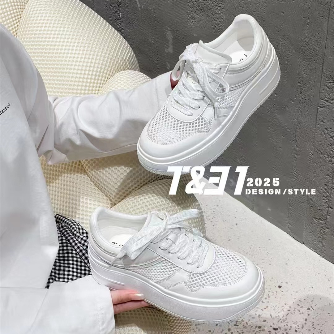 T31女鞋2025夏季新款网面小白鞋透气单网厚底休闲鞋圆头增高6cm