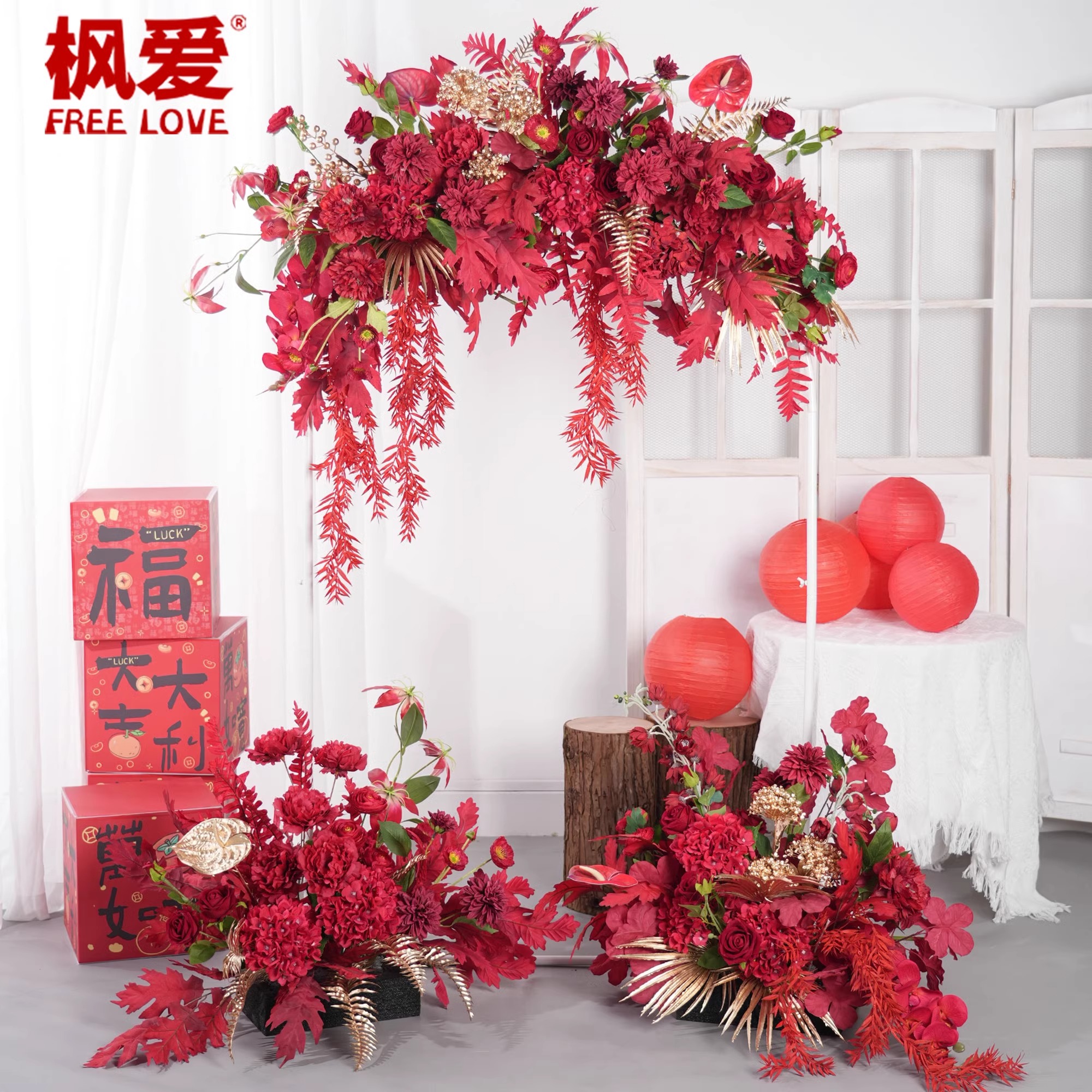 仿真花艺假花高档酒店婚庆迎宾大堂落地节日红色喜庆节日装饰布置