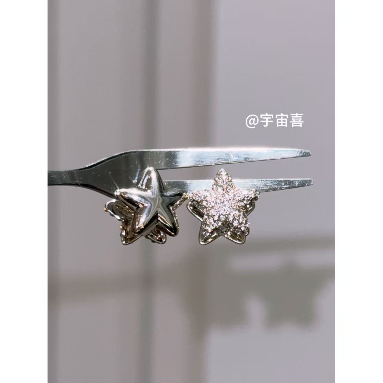 铜合金锆石耳饰 I2-081【浅金色双面灰茶色五角星锆石耳扣】