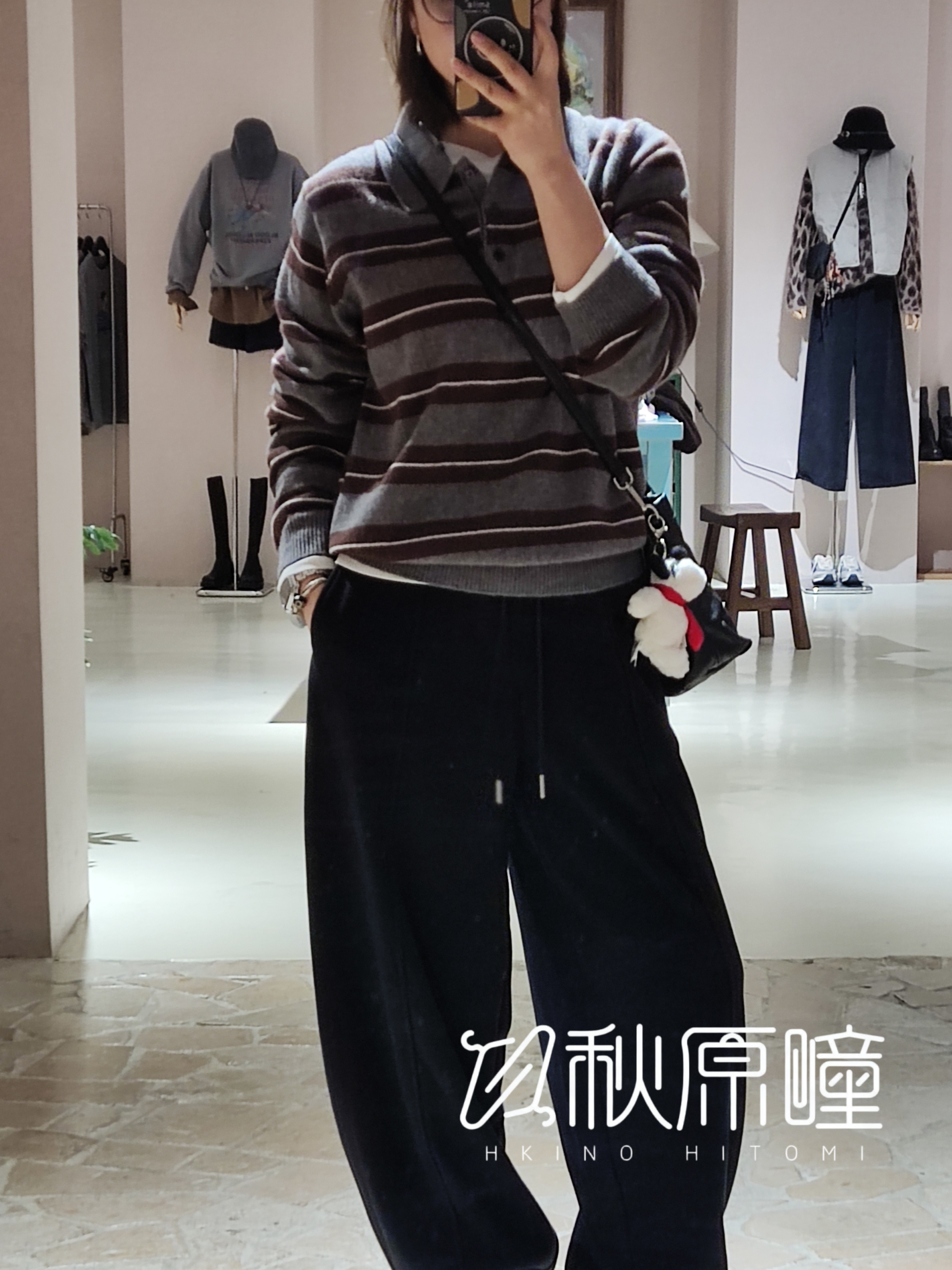 秋原瞳-羊毛羊绒桑蚕丝条纹复古风毛针织衫上衣宽松型长袖Polo