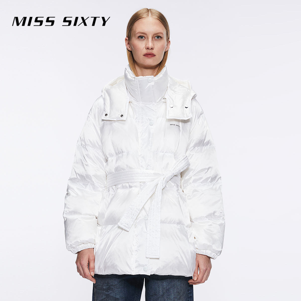 Miss Sixty冬季新款羽绒服女可拆帽配腰带鹅绒立领厚款缎面