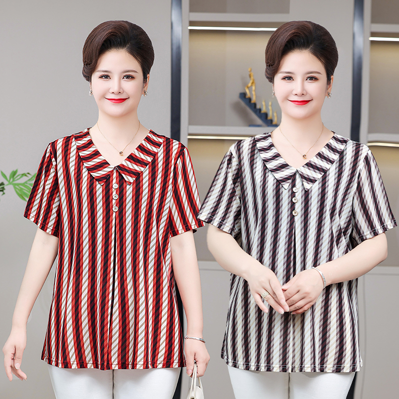 夏季新款妈妈装洋气短袖娃娃领小衫中老年宽松加大码显瘦T恤上衣