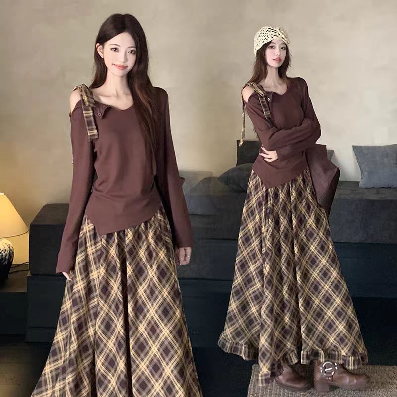 学院风套装裙女早秋季韩版长袖上衣胖MM显瘦格子半身裙两件套1967