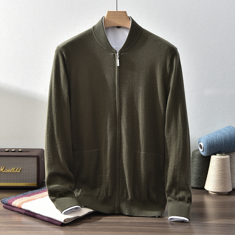 精纺100%纯山羊绒开衫男士棒球领拉链毛衣外套薄款保暖针织衫夹克