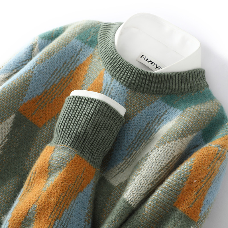 宠粉专享！纯羊绒衫时尚拼色男士休闲圆领套头提花毛衣针织衫打底