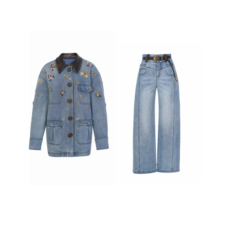 YOYO高定（繁花似锦）超重工！纯手工！花朵钉珠波西风牛仔外套25秋冬