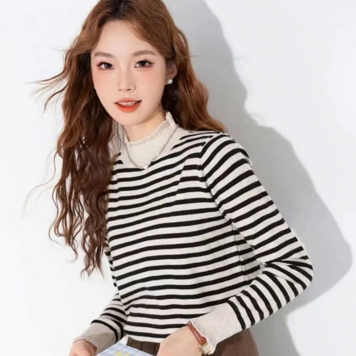 日系藏肉针织衫针织宽松条纹休闲长袖毛针织衫衫