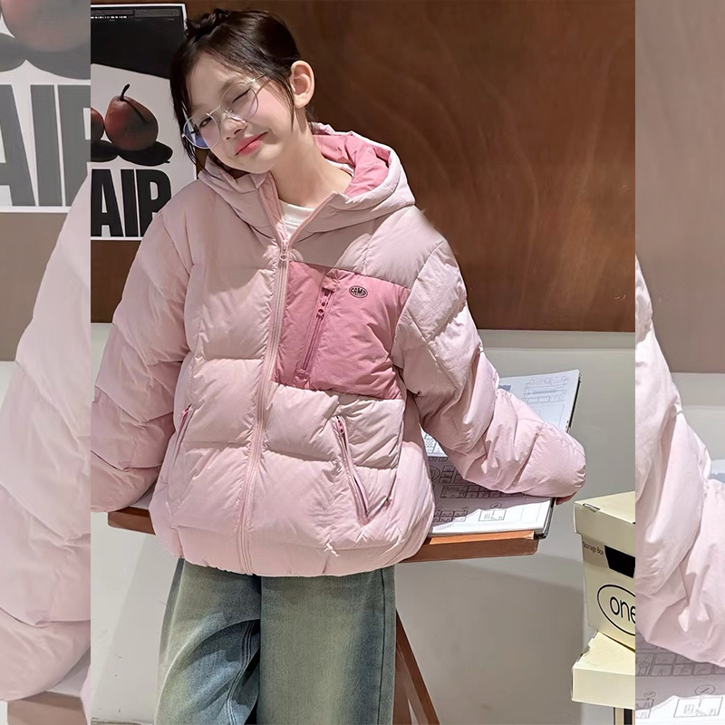 西西家女童冬季百搭连帽拼色格子羽绒服儿童潮流保暖外套DF24009