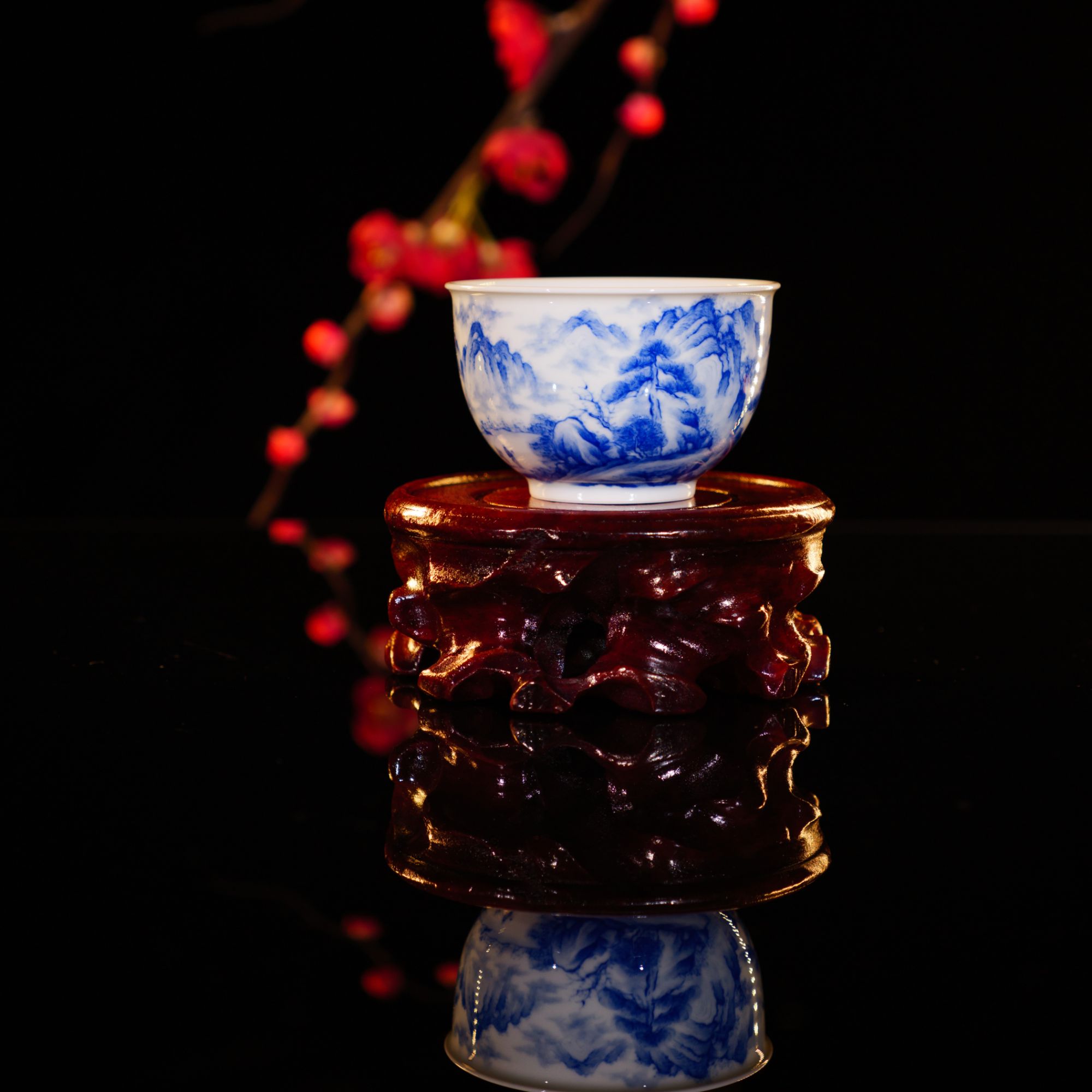 禄意窑青花山水缸杯主人杯手绘陶瓷景德镇中式釉下彩手工