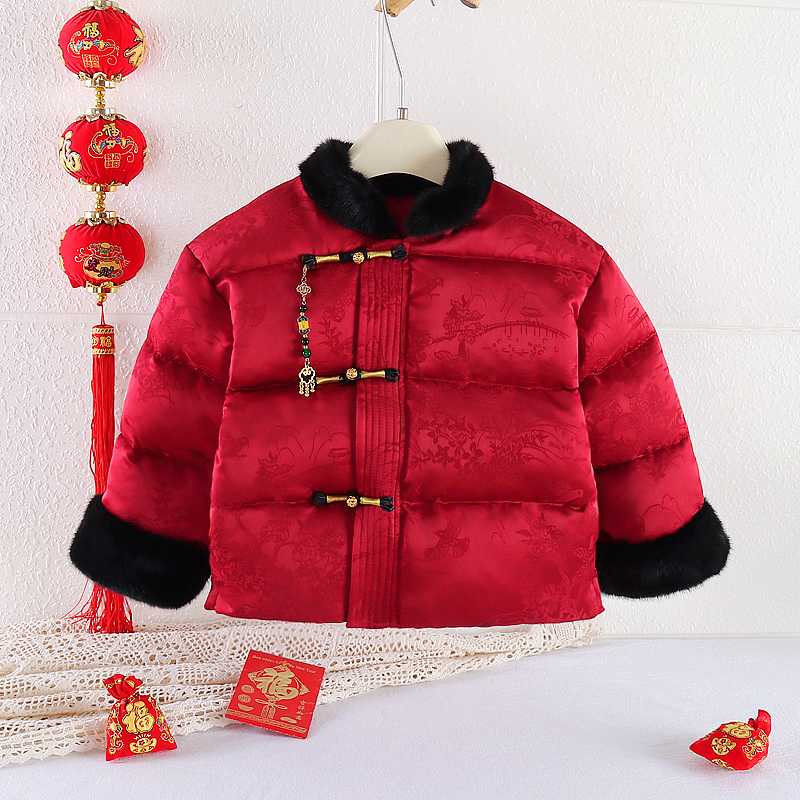 棉服短款高领童装中国风冬季男周岁礼服加绒加厚款男童女童宝宝