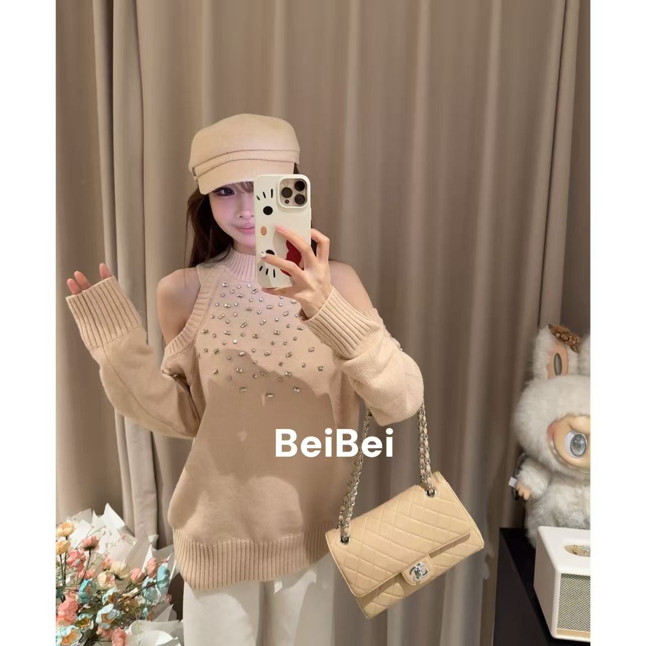 Beibei【小碎片】冬季新款钉钻露肩毛织长袖上衣网感精致高级感百搭