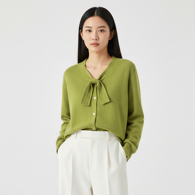 Janemo/茧墨优雅温柔蝴蝶结V领浣熊绒开衫毛衣 法式复古休闲时尚