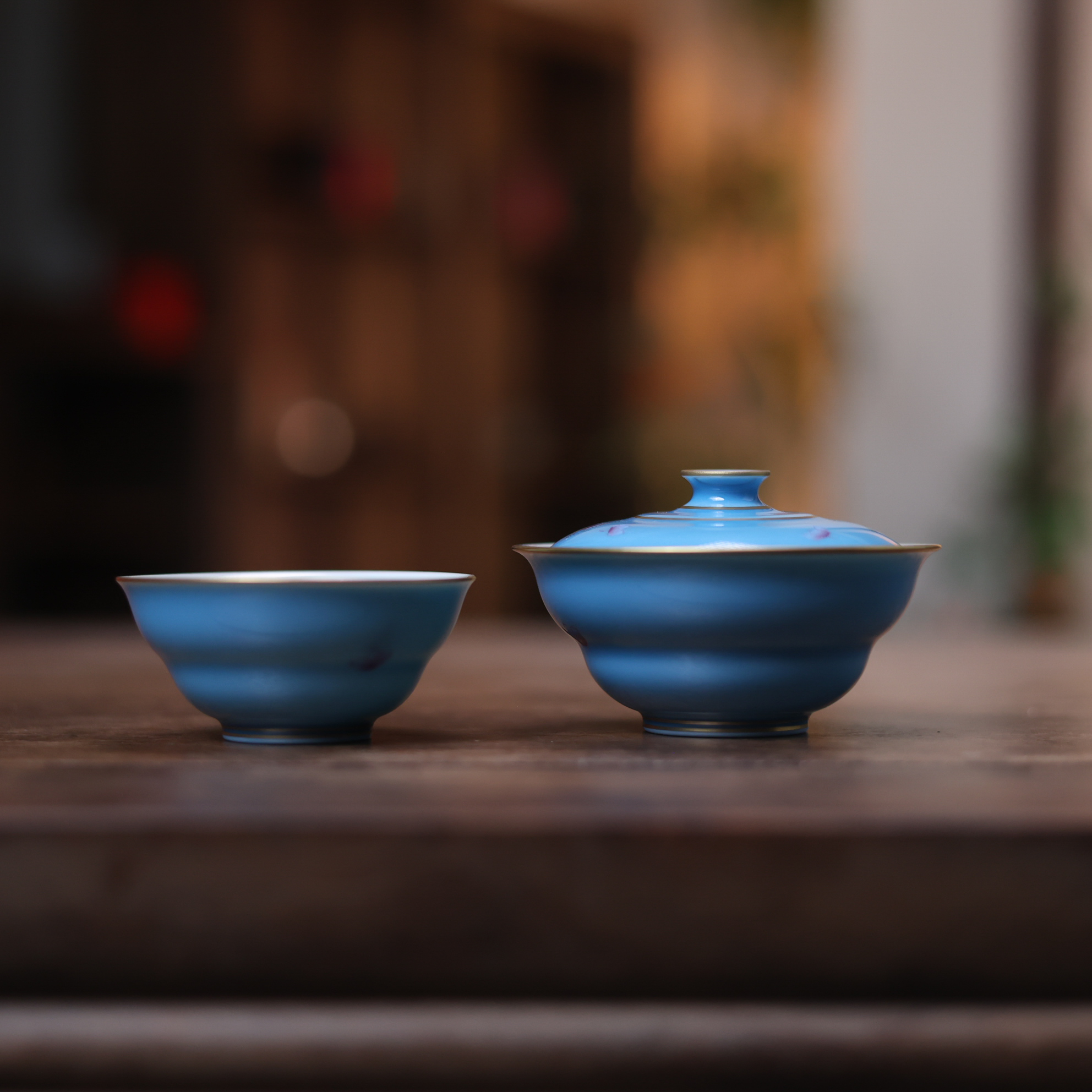 【非遗好物】蓝色套组（1盖碗1杯）内壁花色随机发(华隐S1173)