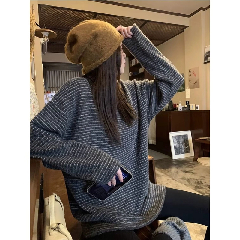 海盐奥利奥慵懒风磨毛绒加厚条纹T恤女2025秋冬宽松休闲上衣8006