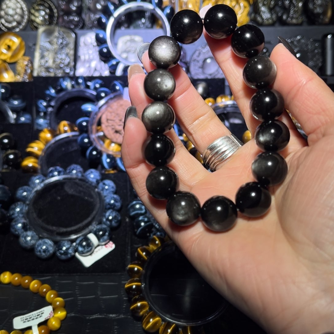 未镶嵌黑曜岩手链o*银曜石双圆眼14m