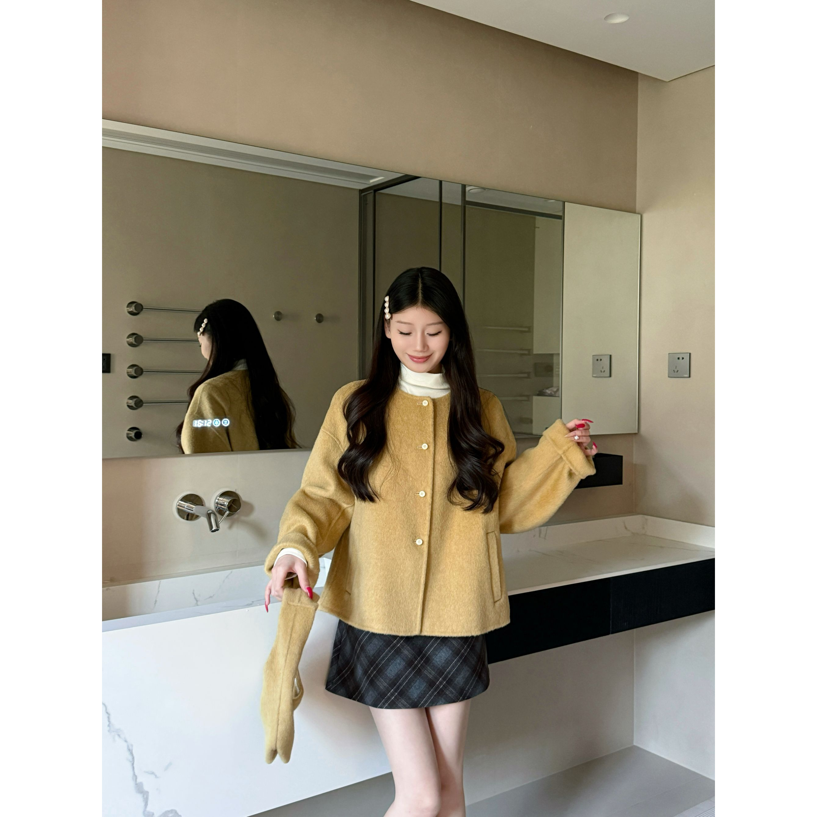 韩系高端毛呢外套短款小个子双面大衣外套2025冬新款