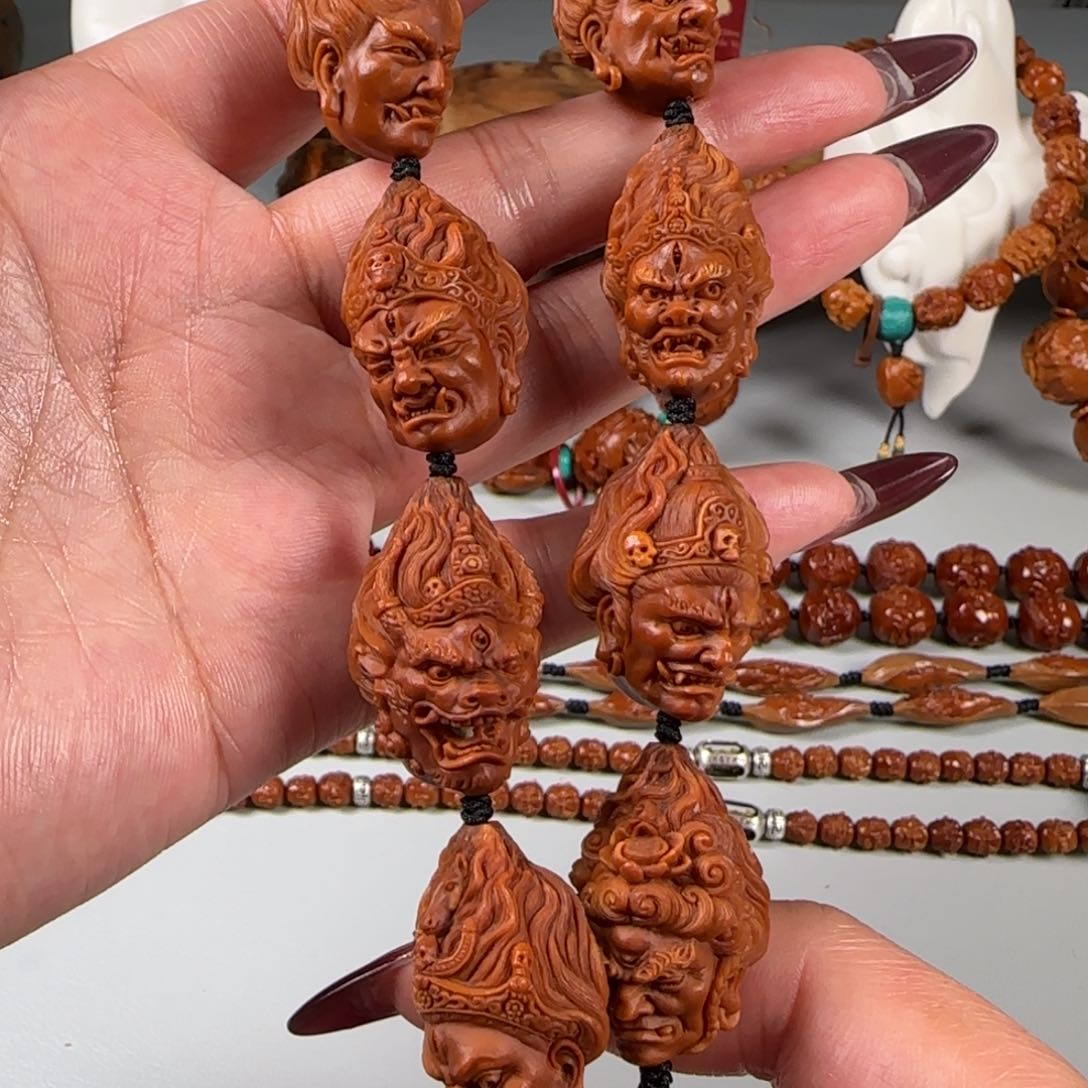 橄榄核手串/手链宽2.0鸡血红水晶核八大明王手持