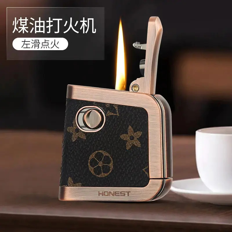 【情人节】整皮包裹一键按压弹射钱包卡包复古煤油打火机
