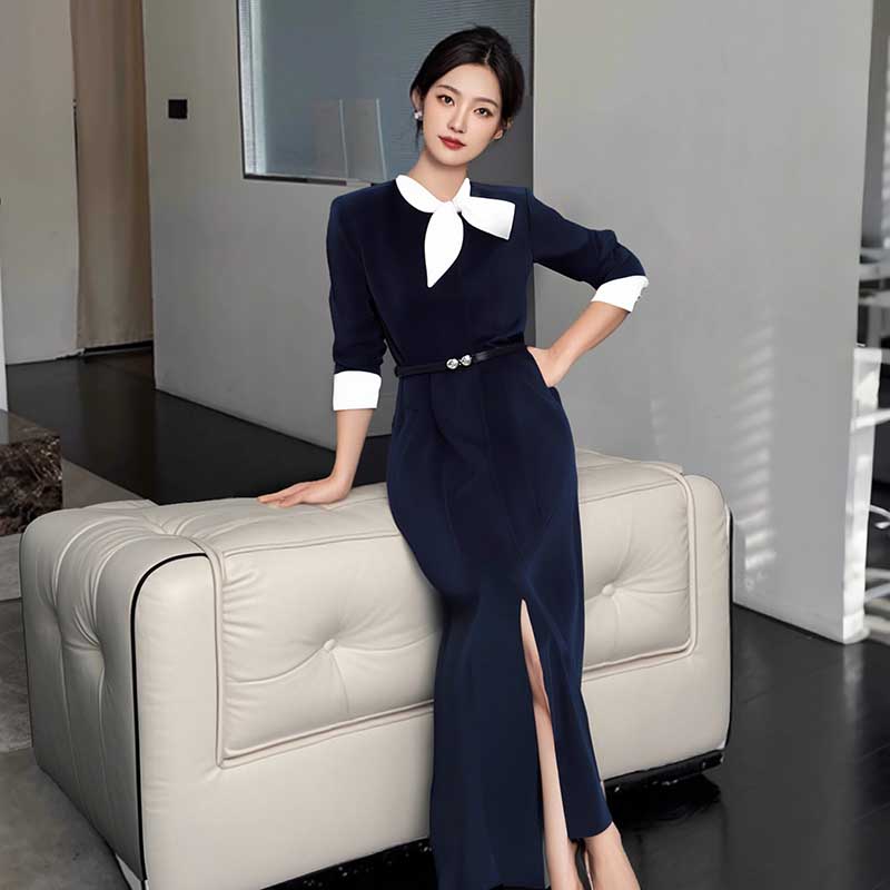 【送腰带】2025春季新气质高级感通勤裙子长袖收腰连衣裙D0410