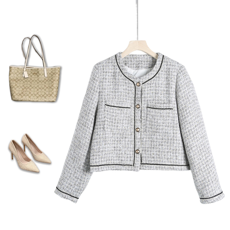 D-HQ-W0065法式复古小香风 灰色短款外套女2024高级感圆领气质