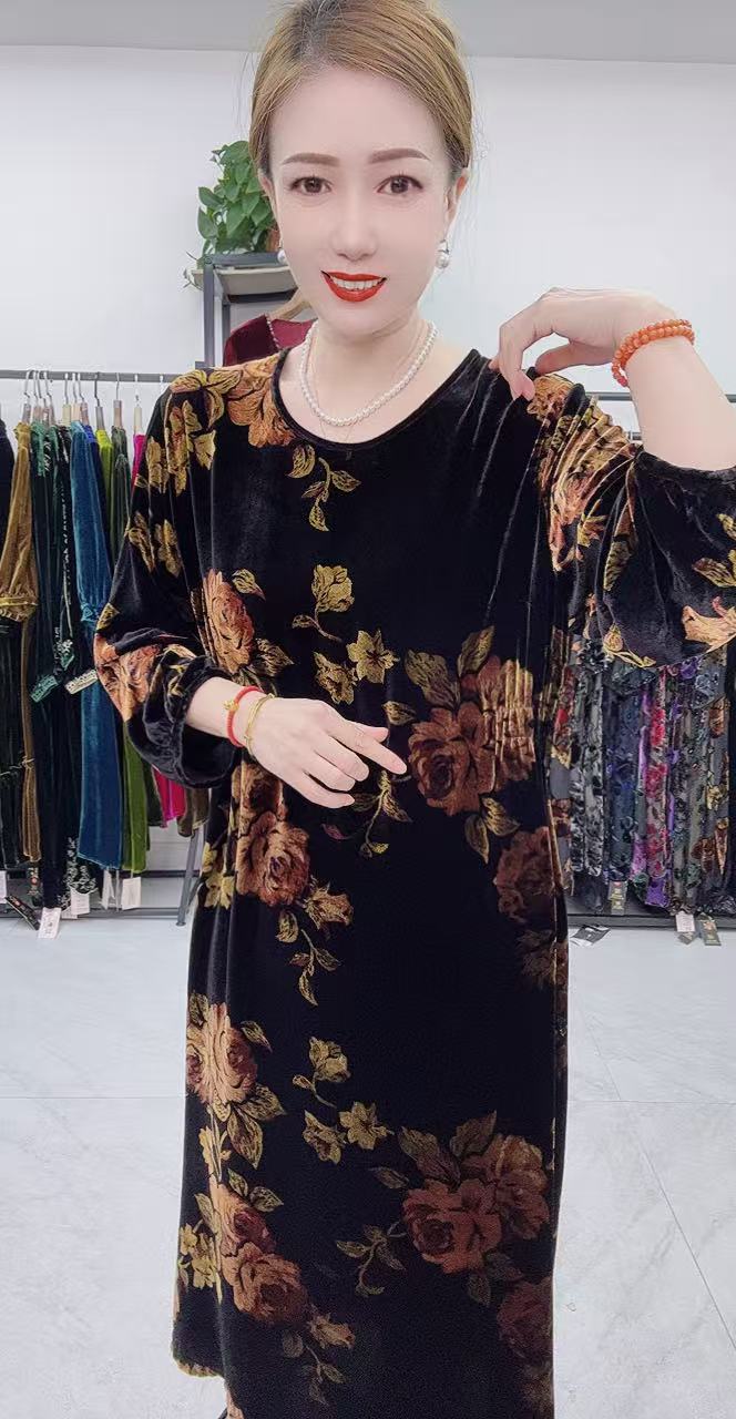 中老年桑蚕丝连衣裙烧花收腰定制款宽松时尚经典遮肉连衣裙百搭