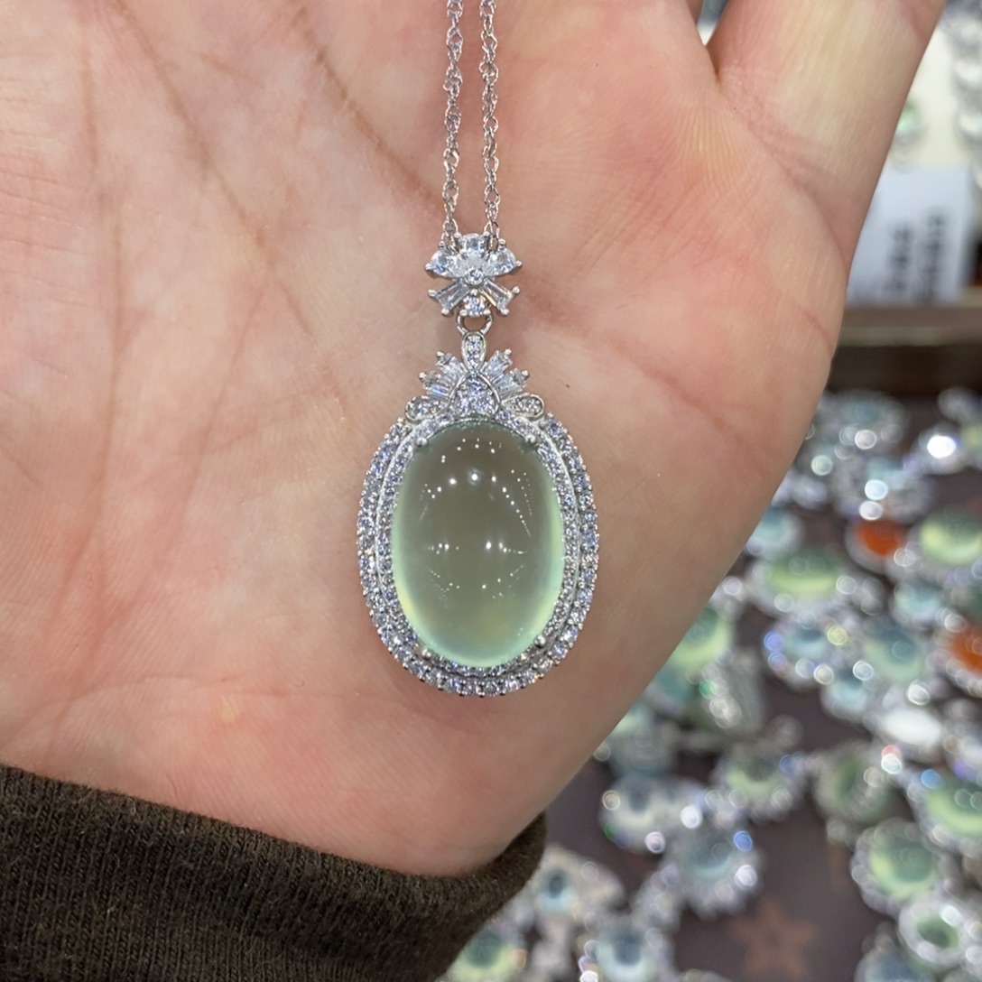 蛇纹石玉银S925镶嵌颈饰