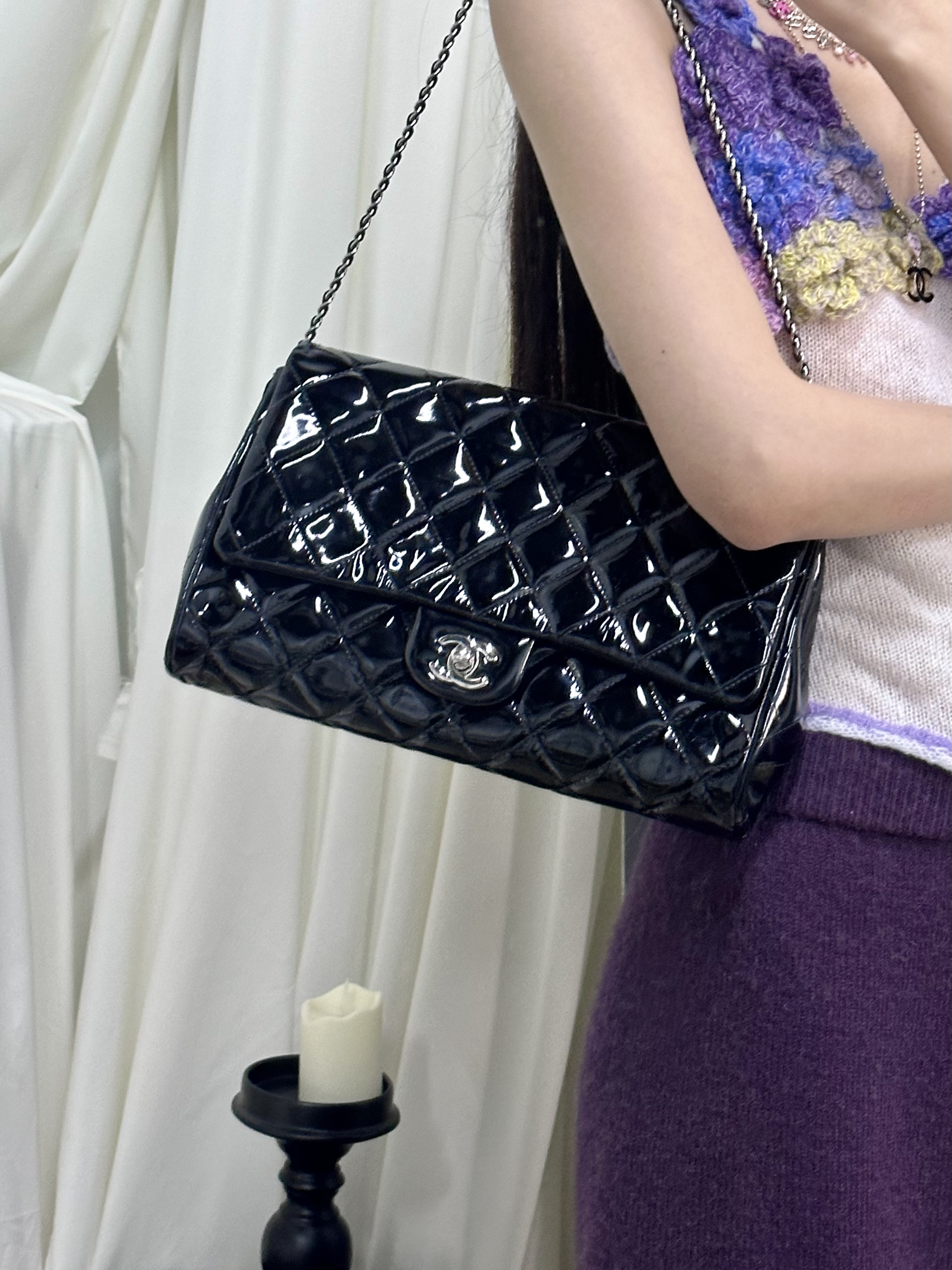95新 Chanel/香奈儿 chanel 黑银漆皮cf单肩包