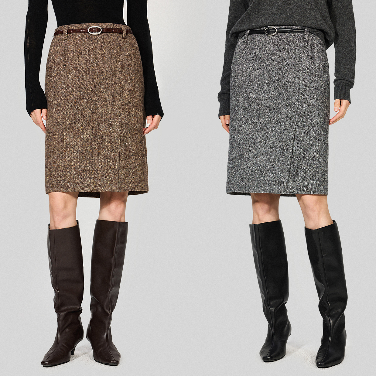 开间黑标/意大利混点初剪羊毛 Pr@da风时髦开衩及膝直筒半裙