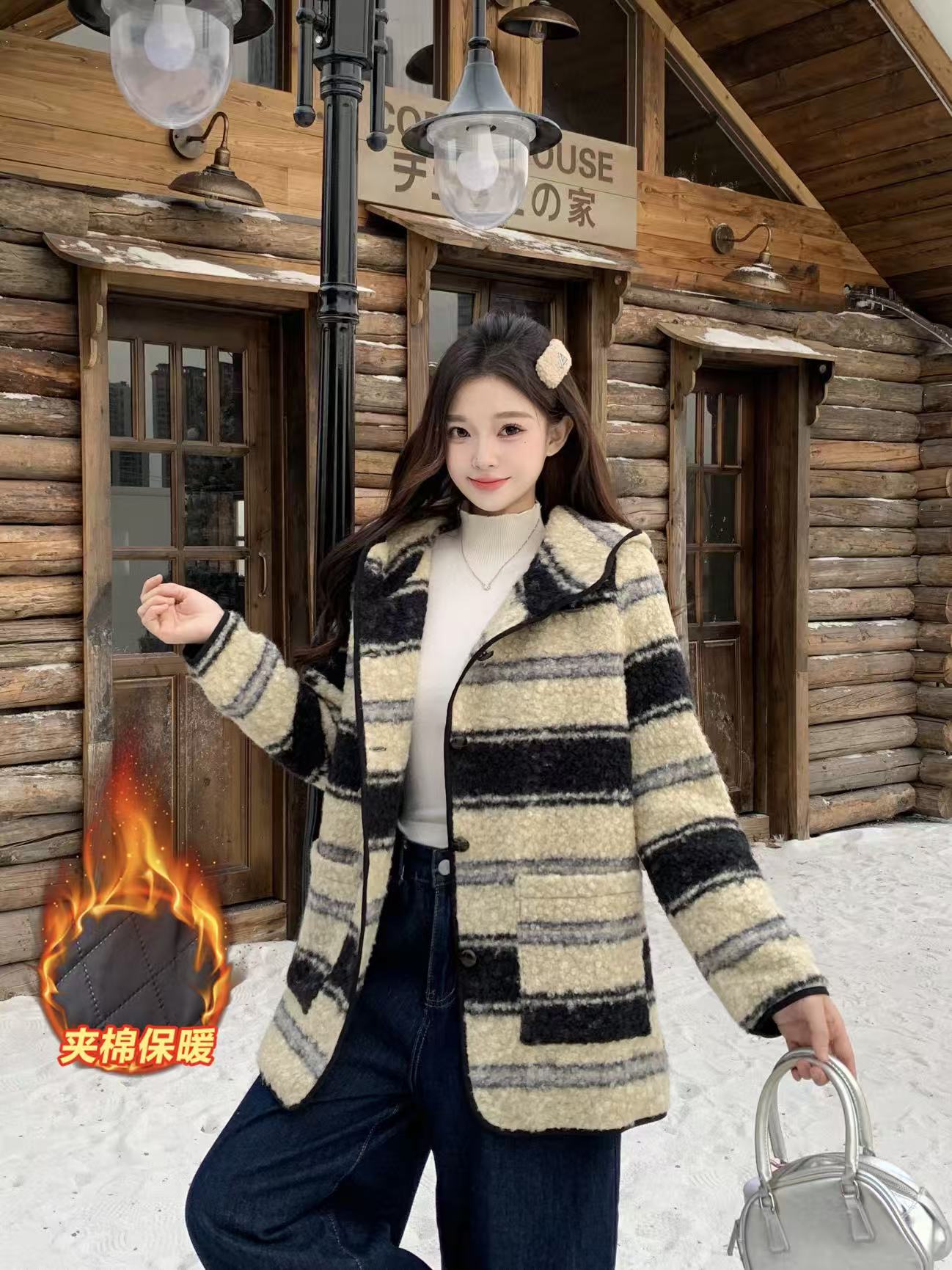 条纹撞色加棉保暖外套女2025秋冬新款大码胖mm气质百搭保暖显瘦