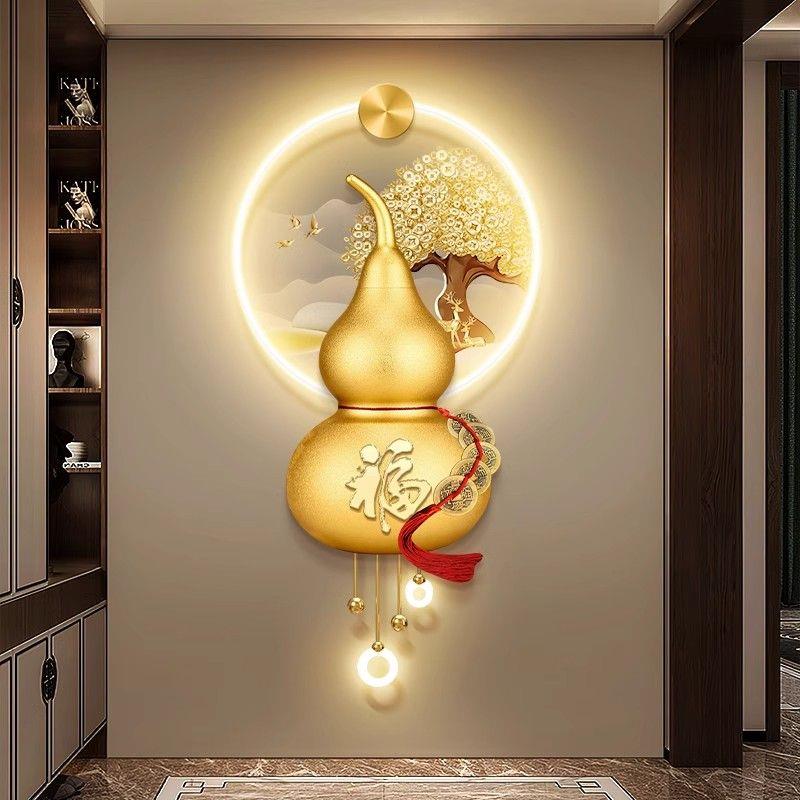 葫芦进门玄关装饰画五帝铜钱走廊过道挂画新中式福字茶室壁画带灯