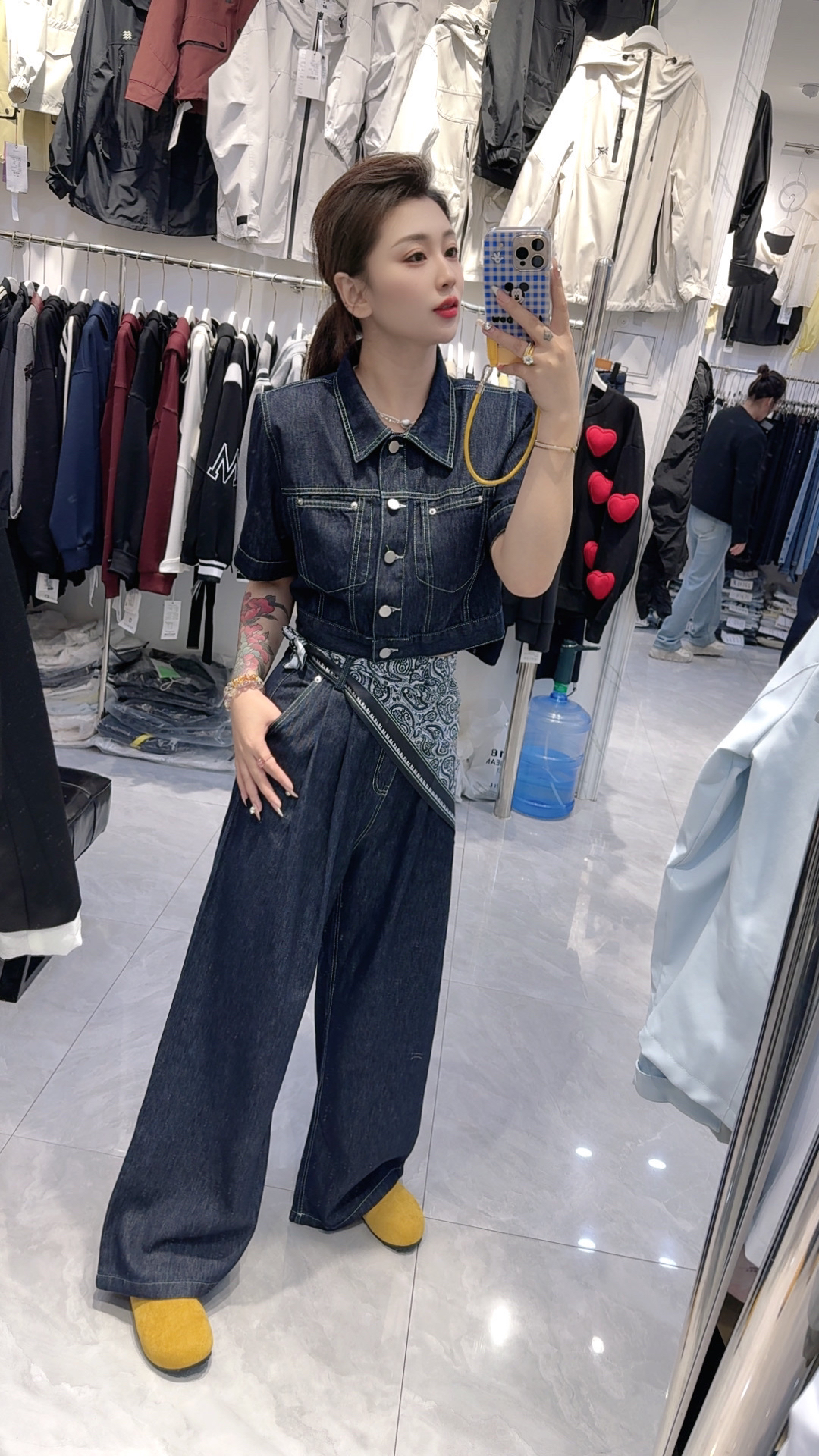 牛仔短袖外套高腰直筒裤