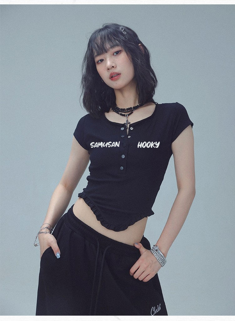 不规则露腰亨利领黑色短袖T恤女夏弧形下摆性感高弹亲肤辣妹上衣