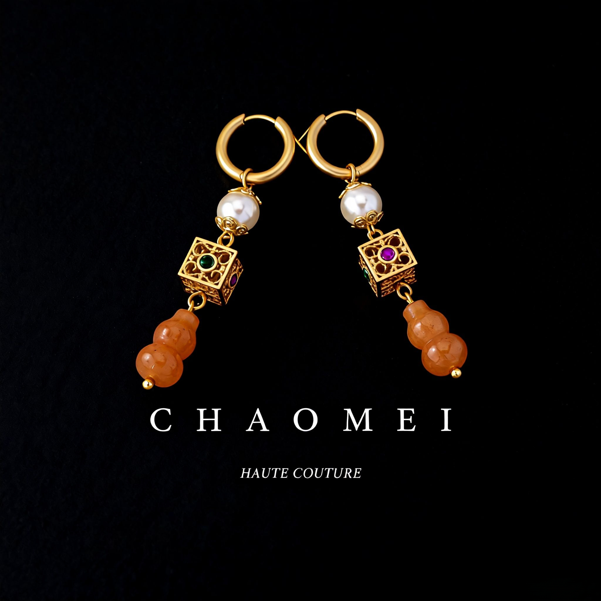 不锈钢仿珍珠耳饰 OJ古风耳环女士新中式国风汉服耳坠八方来财珍a