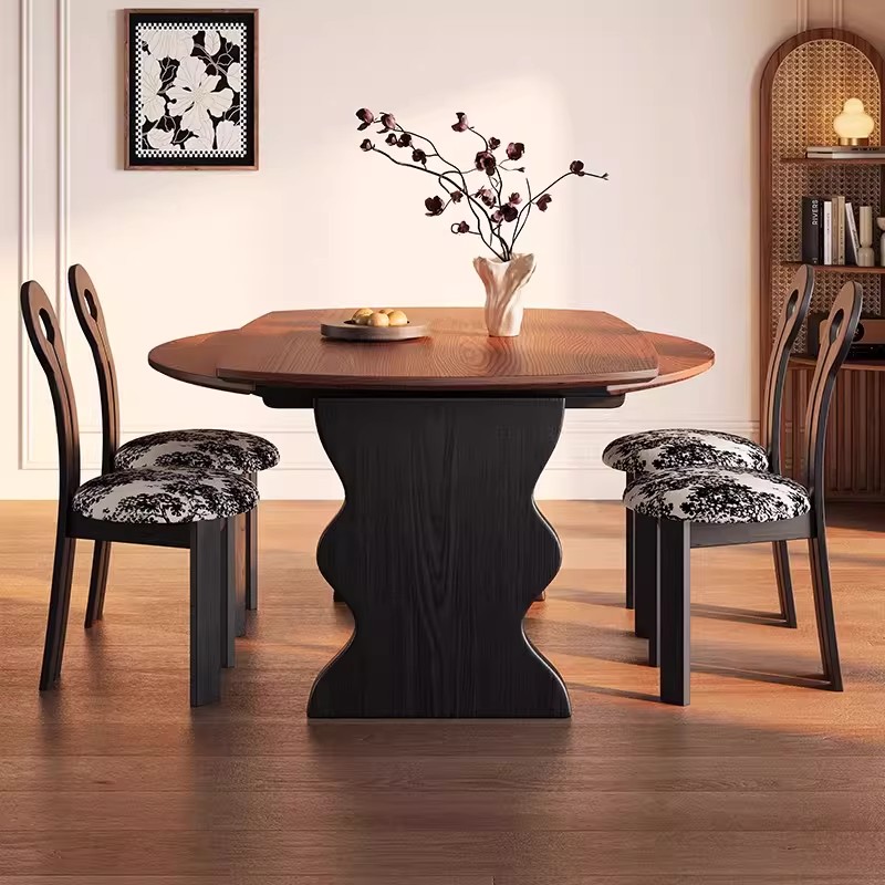 法式复古风可伸缩圆形实木餐桌椅小户型餐厅家用折叠桌方圆两用桌